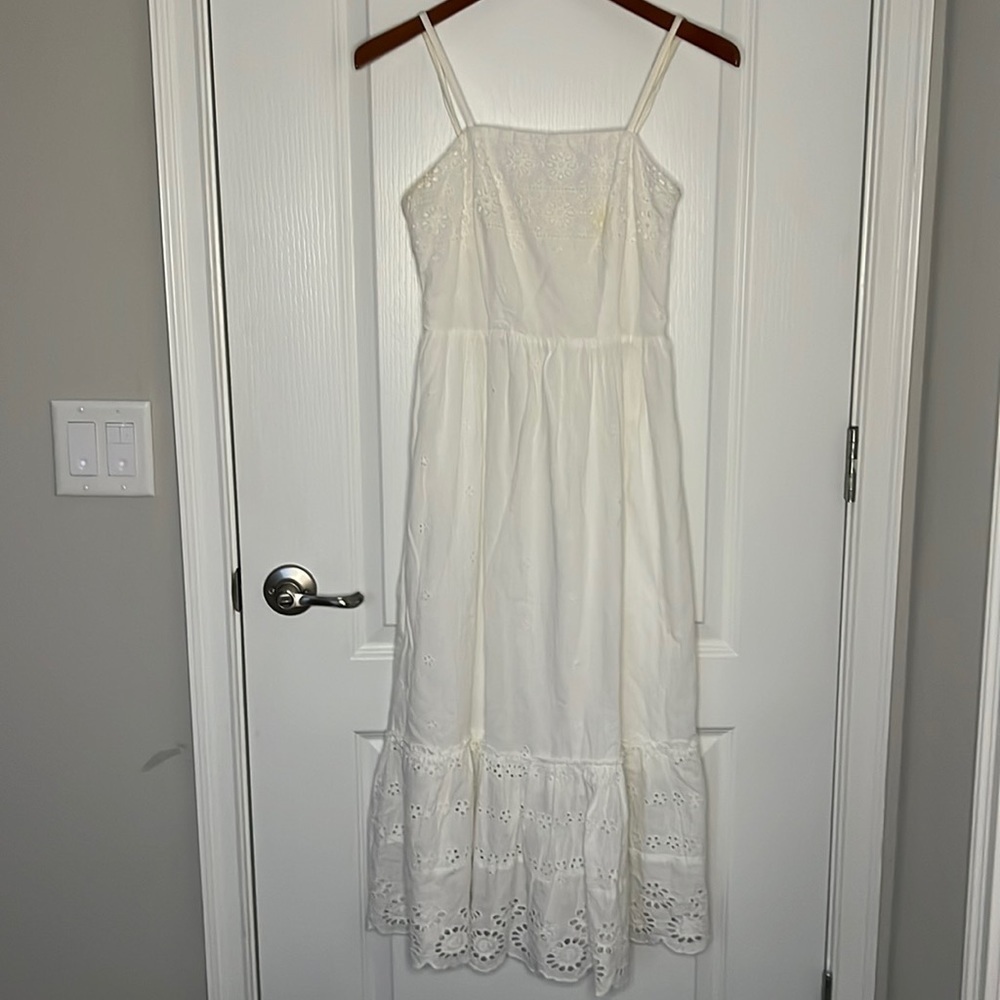 Japna thin strap midi summer tiered dress smocked crochet design white medium